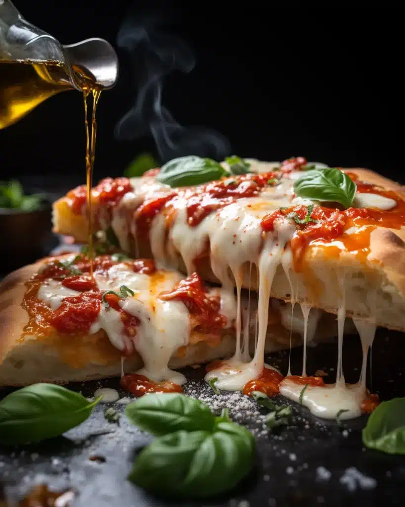 Close-up of a freshly baked homemade pizza with a golden, crispy crust, bubbling melted cheese, and fresh basil leaves, placed on a white marble countertop. A slice is being lifted, showing gooey, stretchy mozzarella.