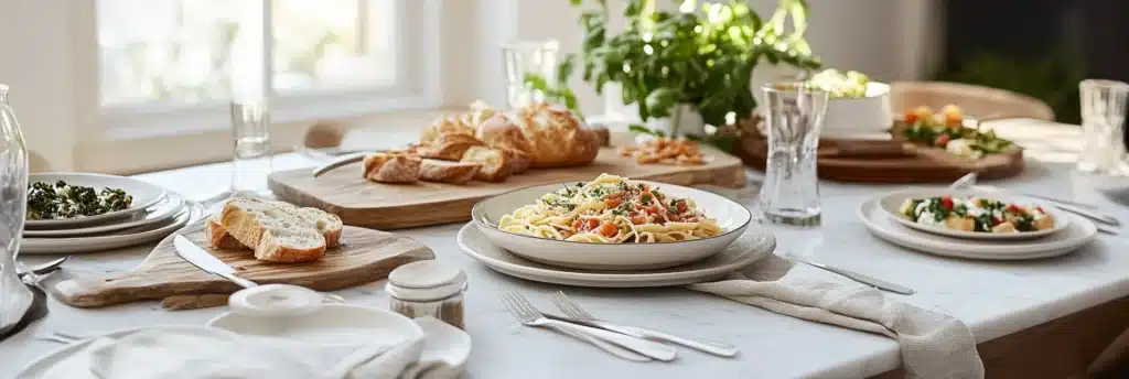A beautifully set dining table with a plate of fresh pasta topped with herbs and Parmesan, alongside sliced crusty bread, a side salad, and roasted vegetables. The table is made of white marble, with rustic wooden serving boards and natural linen napkins. Sunlight streams in through a nearby window, creating a warm and inviting ambiance.