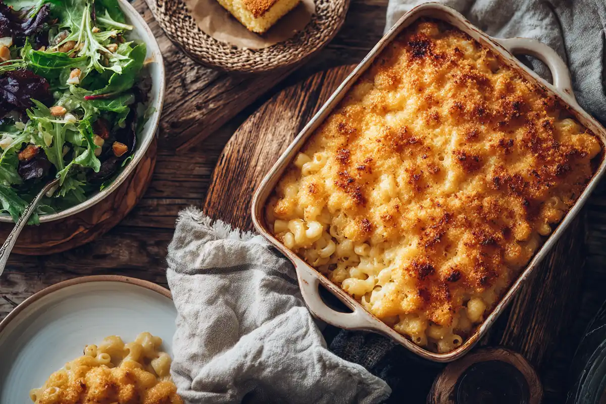Baked mac and cheese in a rustic kitchen setting – creamy, golden and comforting