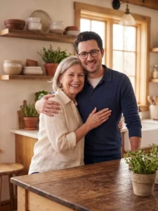 Mary and her son Jake, the founders of Updated Recipes, sharing a warm family moment in their home kitchen.