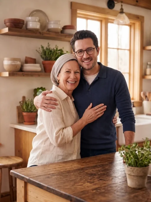 Mary and her son Jake, the founders of Updated Recipes, sharing a warm family moment in their home kitchen.