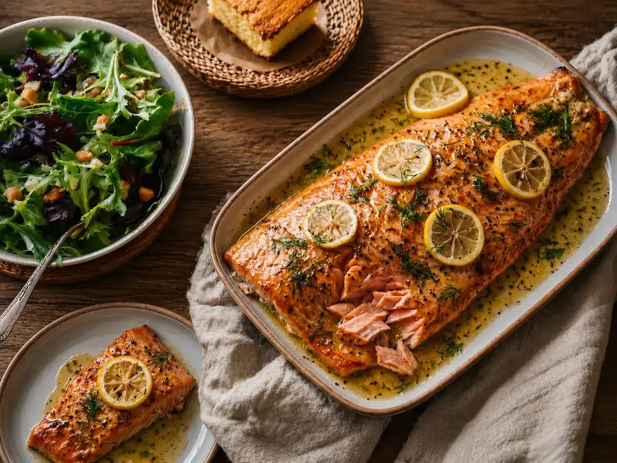 Roasted King Salmon fillet with lemon butter glaze and fresh dill served on a rustic wooden table with side salad and cornbread.