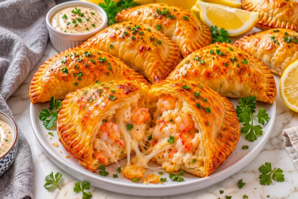 Seafood stuffed hand pies made with flaky puff pastry, cut open on a white marble counter to show a cheesy shrimp and crab filling with a dramatic mozzarella cheese pull.